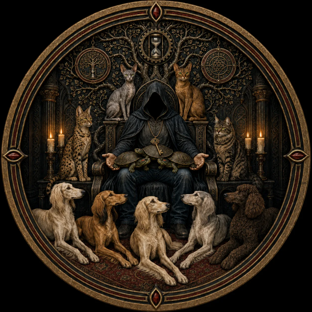 The Architect's medallion: a hooded figure with open hands above a keyed arch.