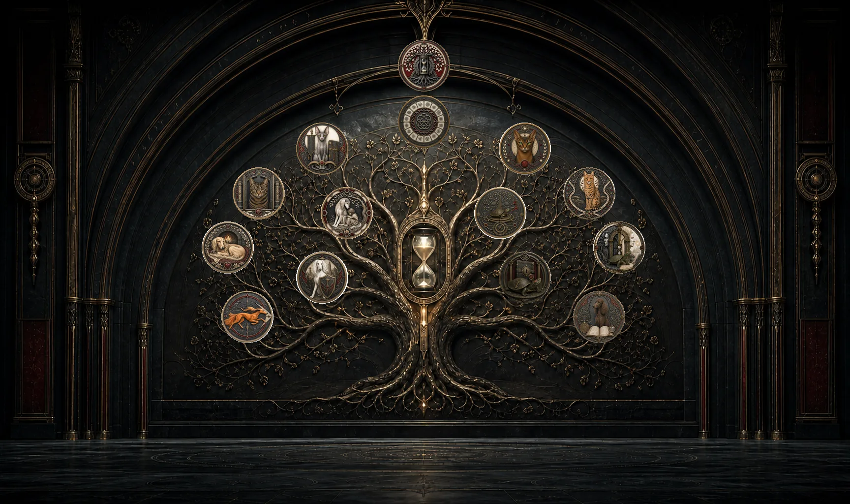 A dark ceremonial hall containing a luminous Stygian Tree: CONAN's medallion at the arch crown, INTEL beneath it at the head of the circle, a central hourglass, and the twelve specialist intelligence emblems arranged among the branches.